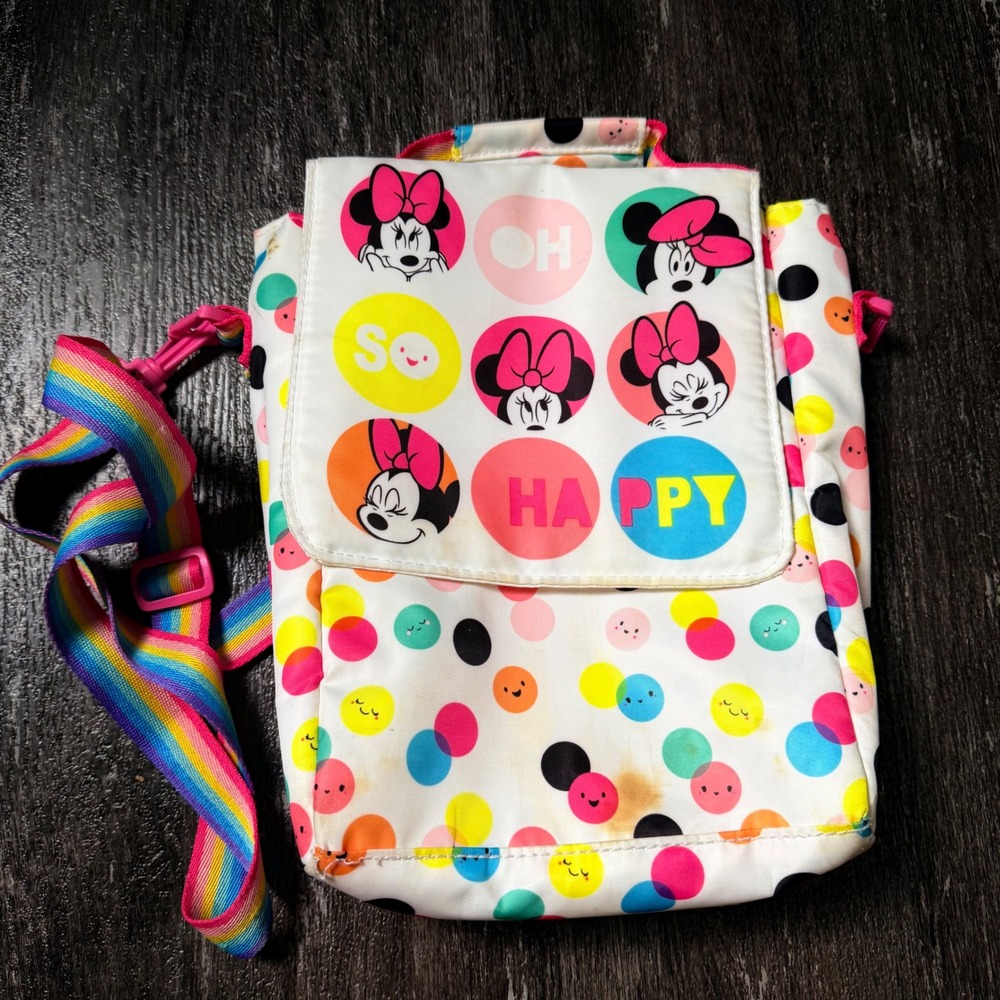 Disney Minnie Mouse Bag White Polka Dot Oh So Happy Rainbow Crossbody Lunchbox